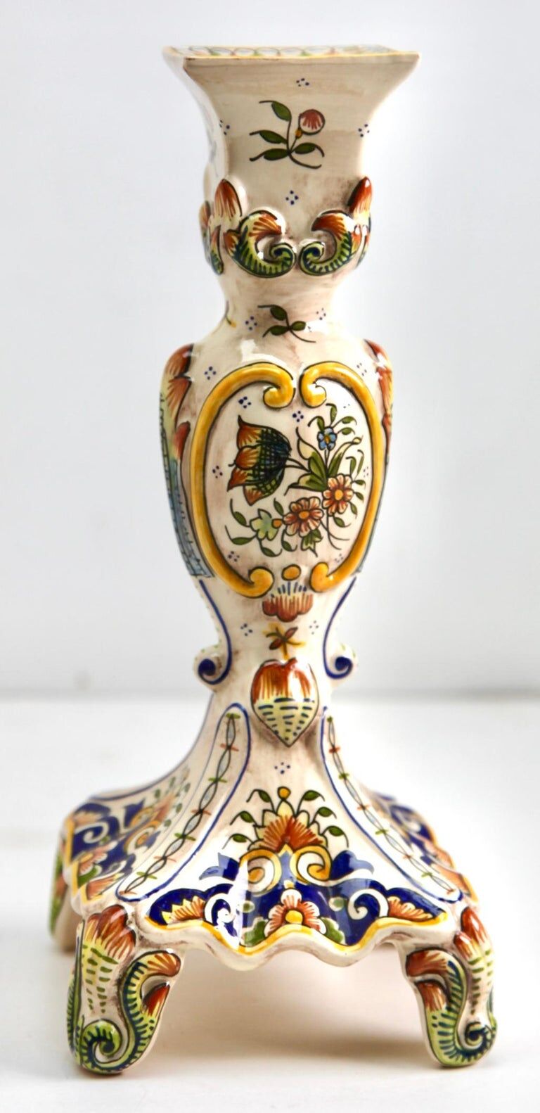 Hand-painted earthenware candle holder from Rouen, France twentieth century