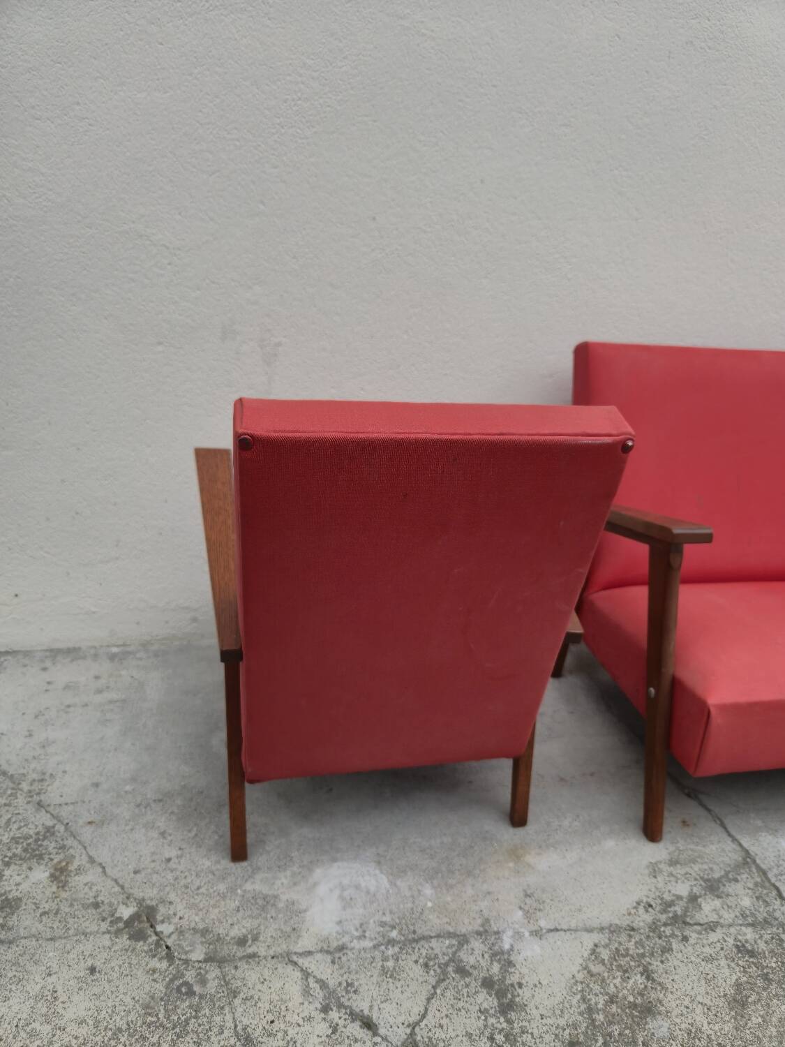 Vintage 1950s children's sofa and two armchairs with compass feet