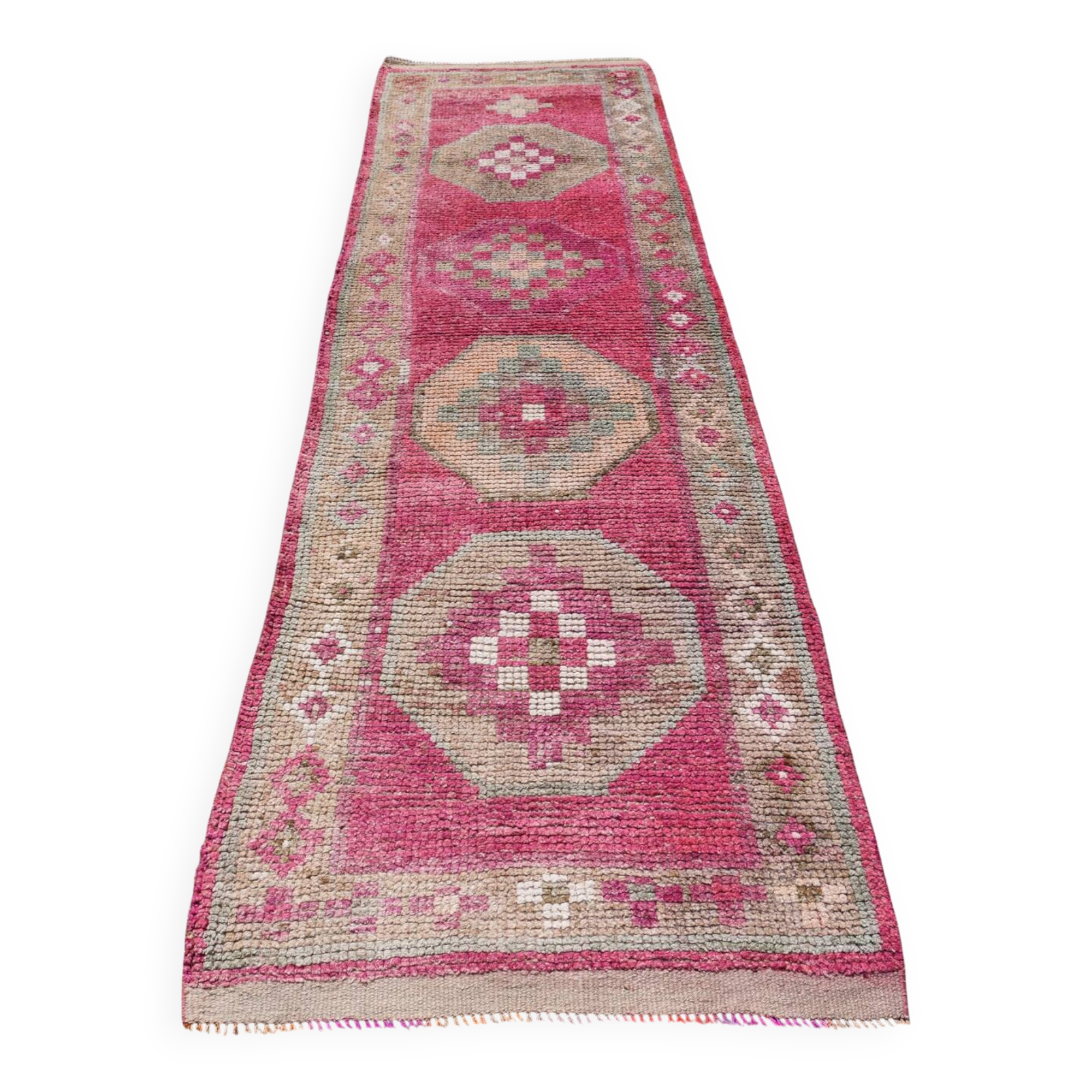 Tapis de Couloir Anatolien Fuchsia, Motifs Géométriques Vintage, 94x324 Cm