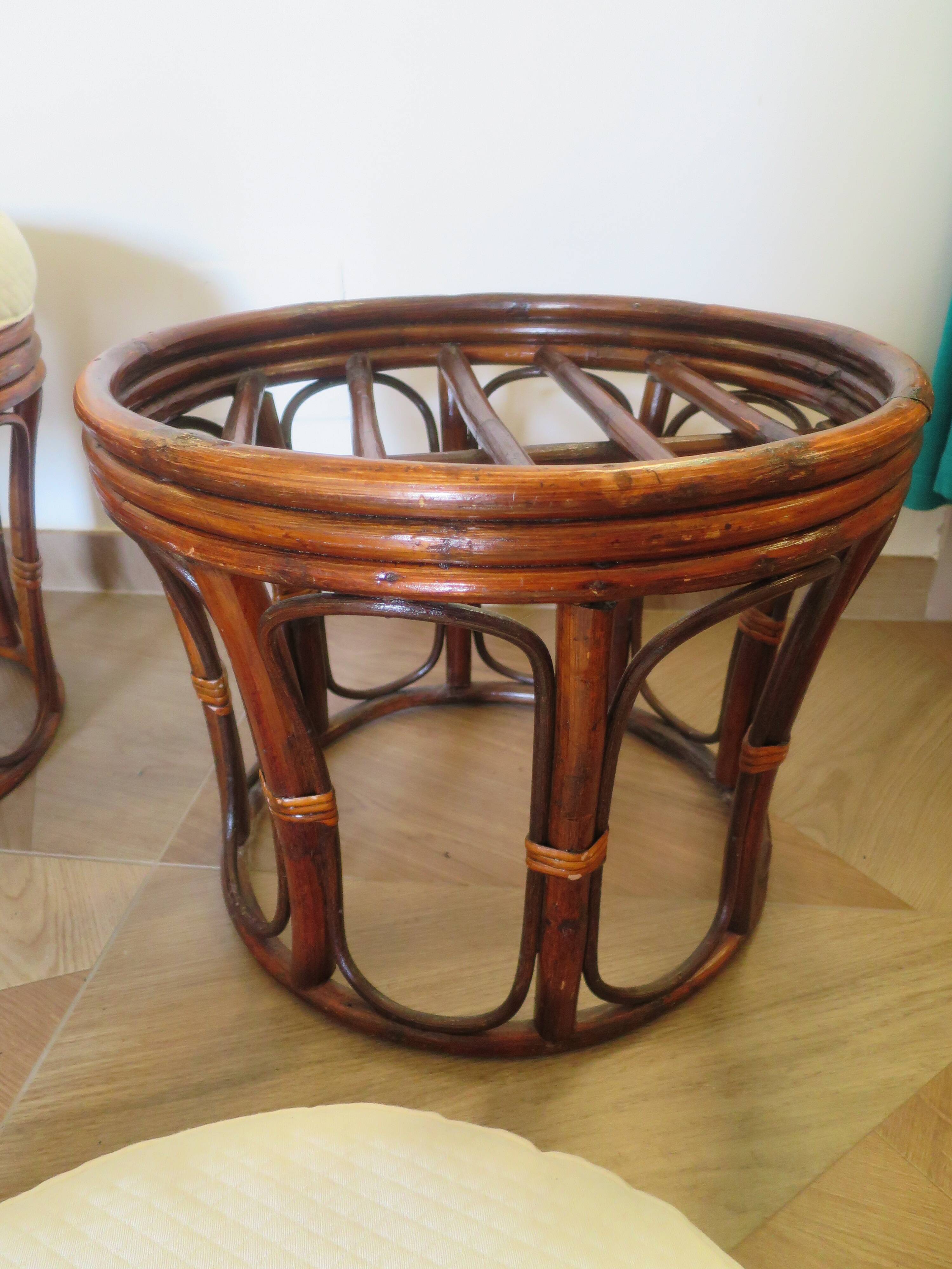 Pretty pair of 2 bamboo and rattan stools with cushions - 80s - Vintage - set of 2