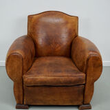 French moustache back cognac-colored leather club chair, 1940s
