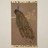 Canvas painted with a peacock design on a branch, contemporary work.
