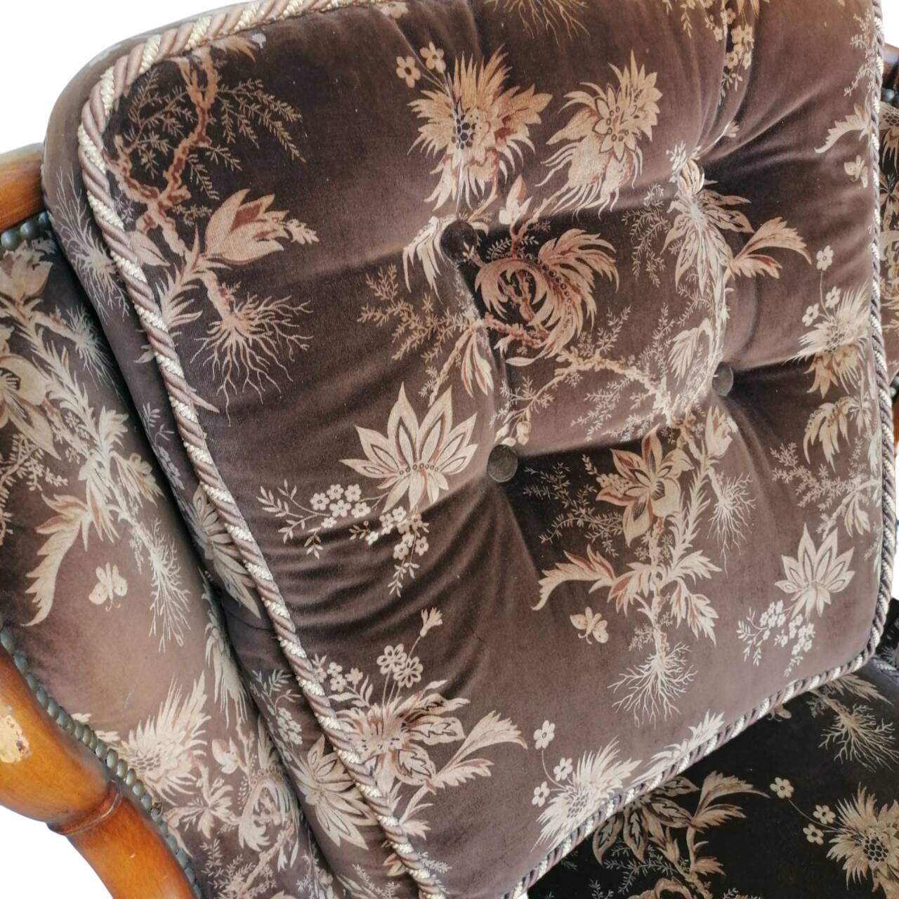 Poltrone bergère italiane in velluto e paglia di Vienna, anni '70, set di 2