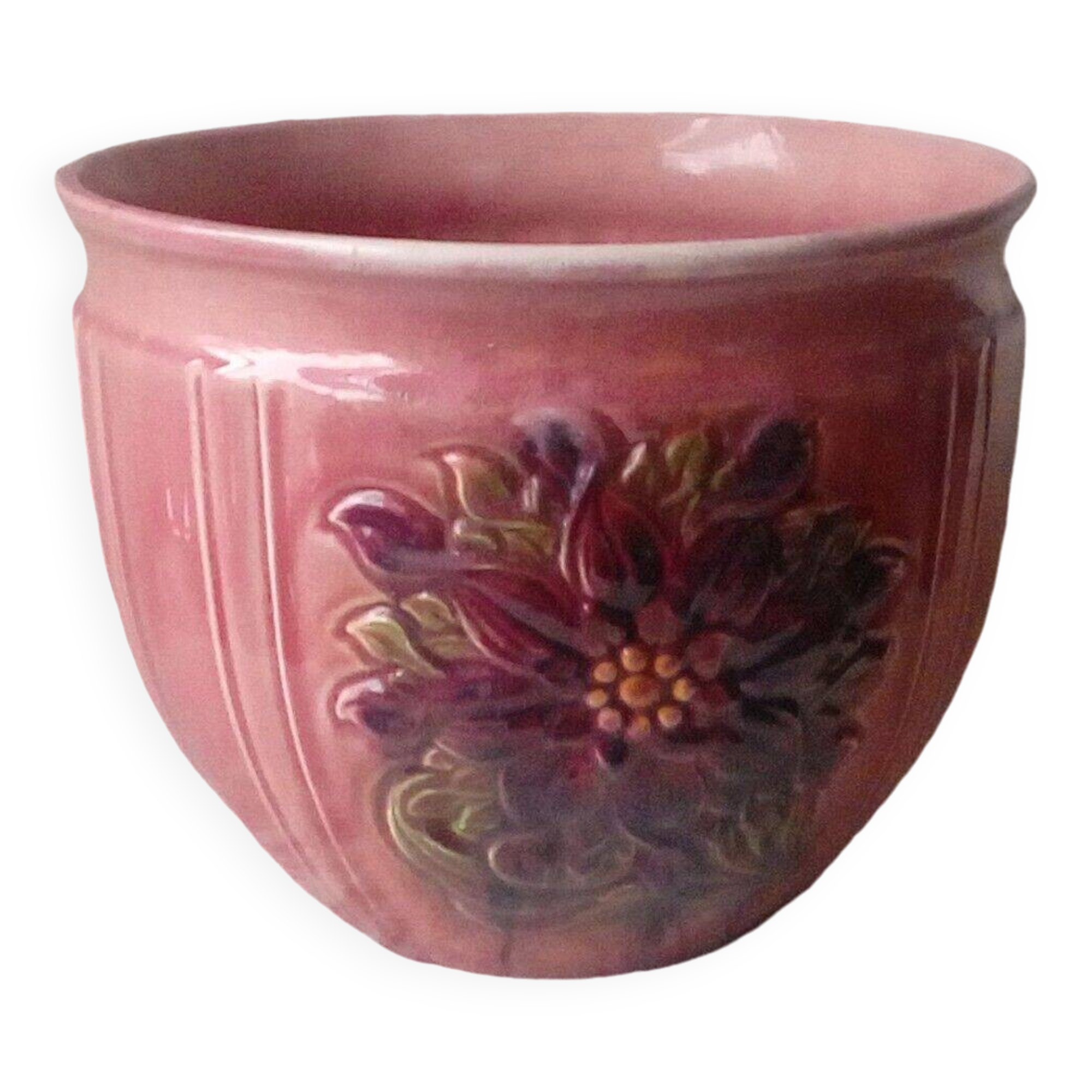 Sarreguemines faience slip pot planter with floral decoration late 19th century