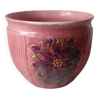 Sarreguemines faience slip pot planter with floral decoration late 19th century