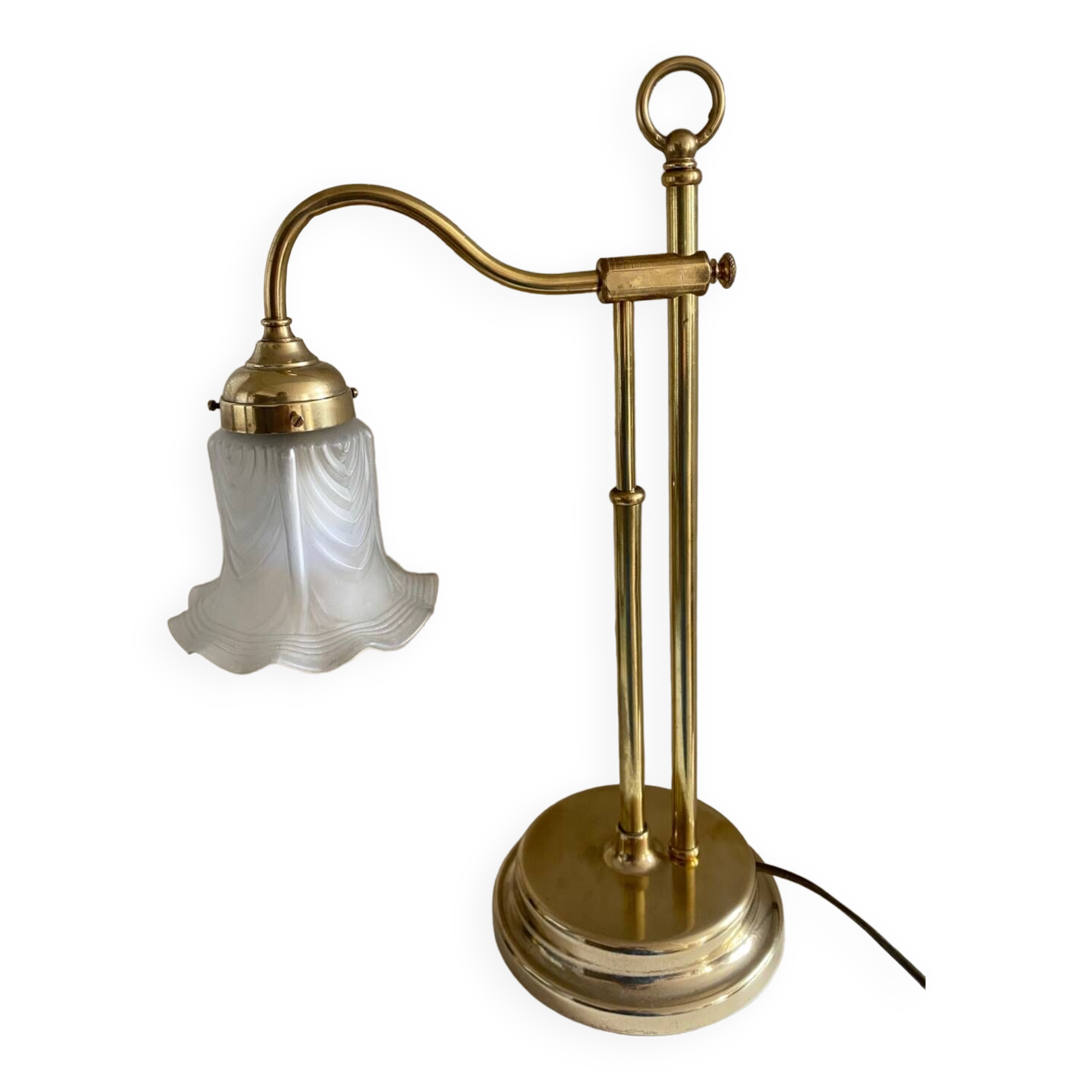 Large art deco brass lamp with swan neck and glass tulip globe