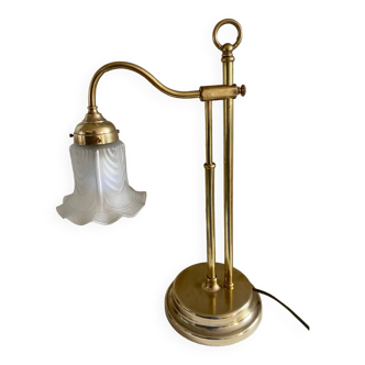Grande lampe en laiton art déco col de cygne et globe tulipe en verre