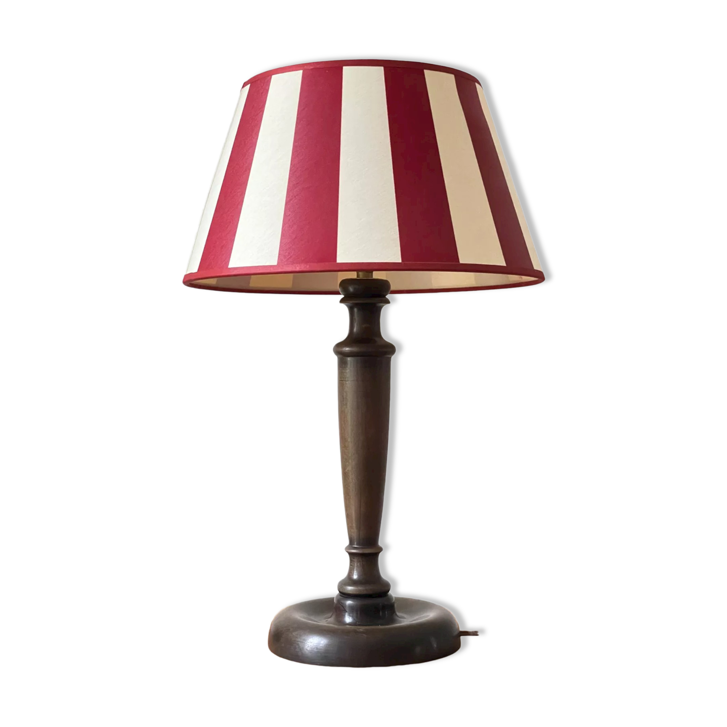 Wooden table lamp and striped lampshade