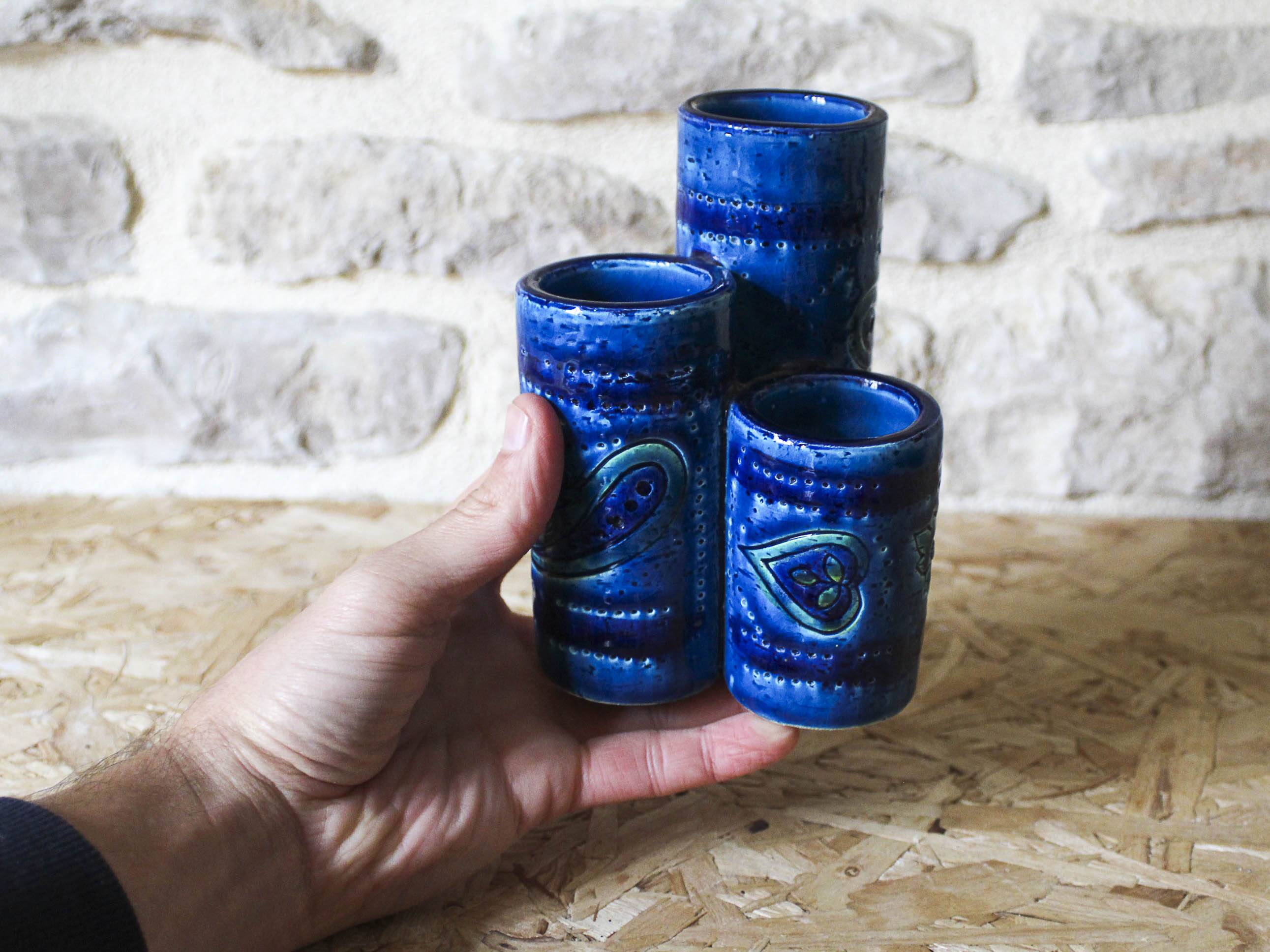Vase triple en céramique, collection Rimini Blu par Aldo Londi