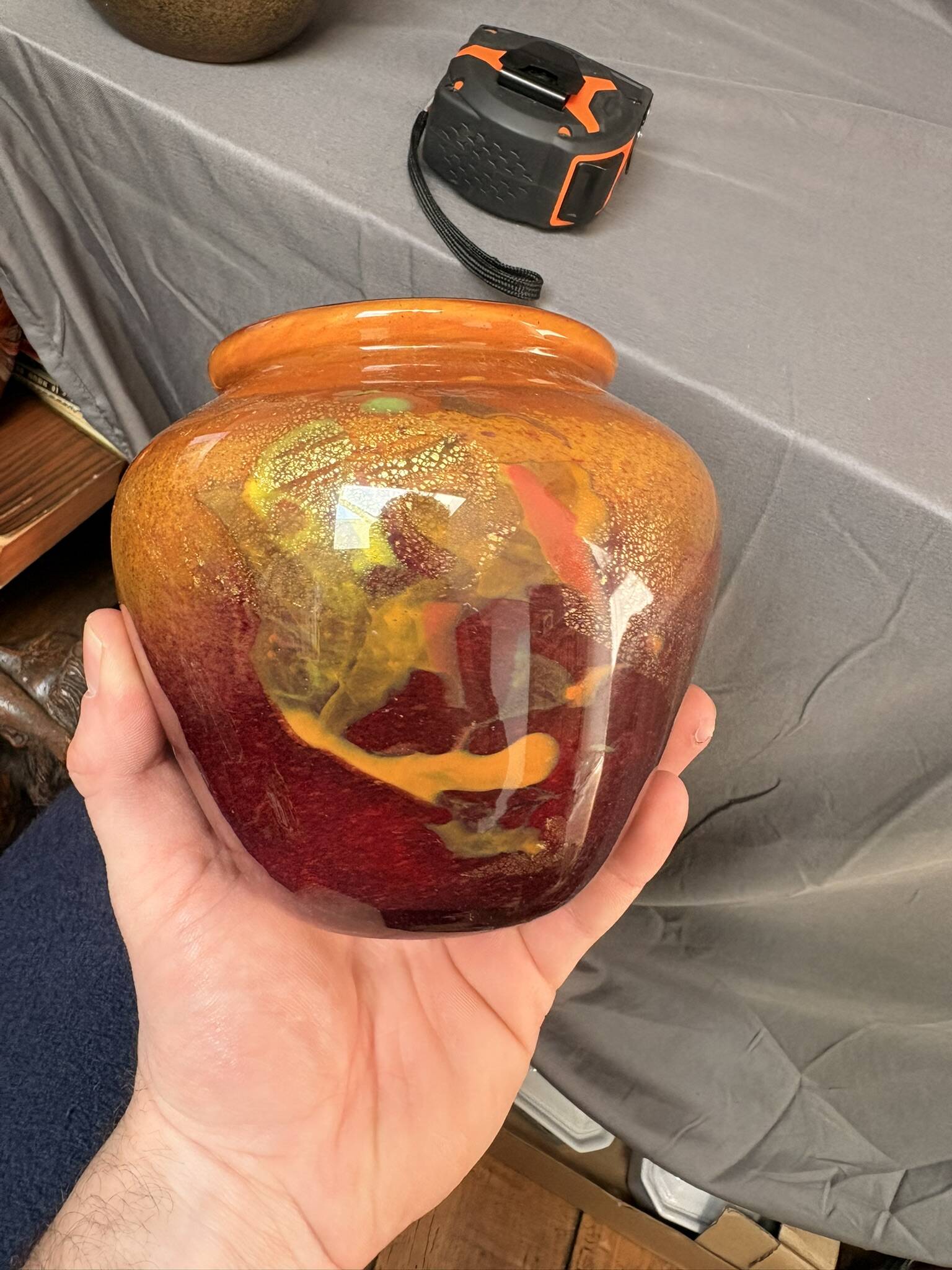 Vase Pot Paste Glass Blown Red Orange Lacquered Marbled Signed Dated Art Deco