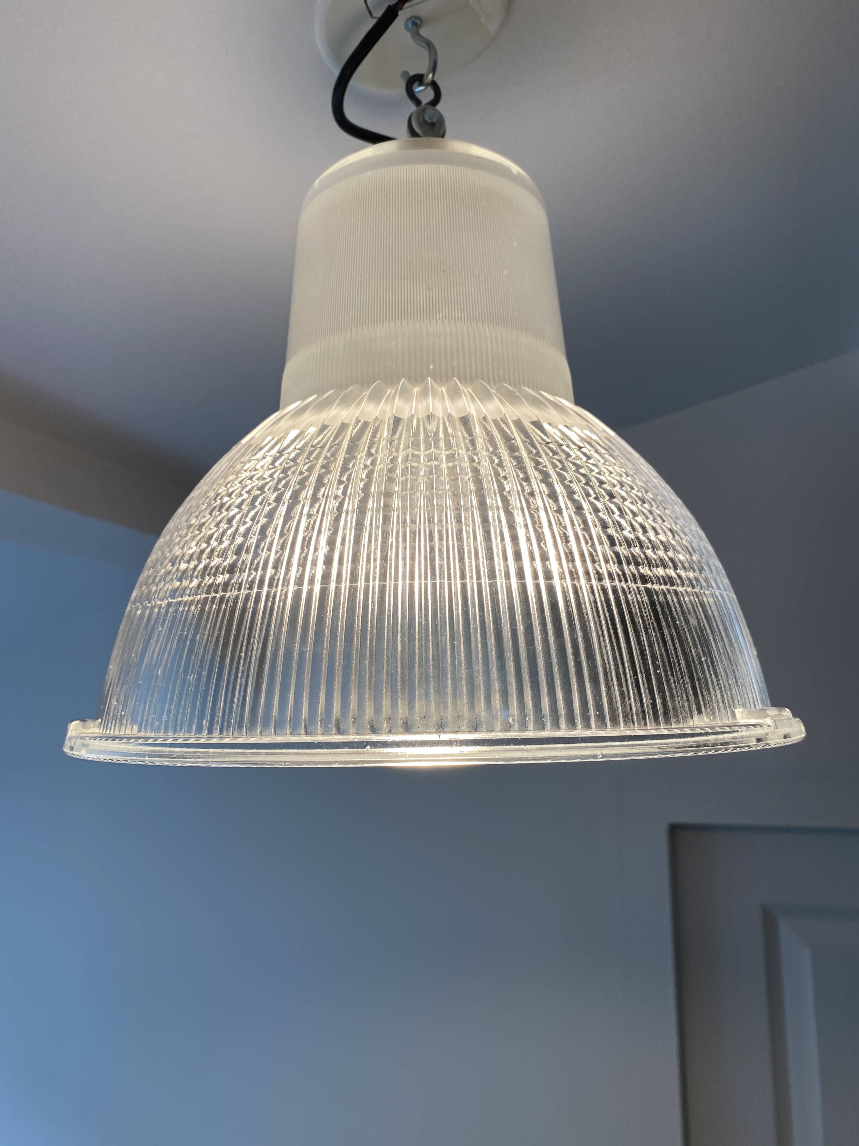 Vintage Holophane Suspension Chandelier from the 50s/60s, industrial style, transparent striated glass