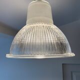 Vintage Holophane Suspension Chandelier from the 50s/60s, industrial style, transparent striated glass