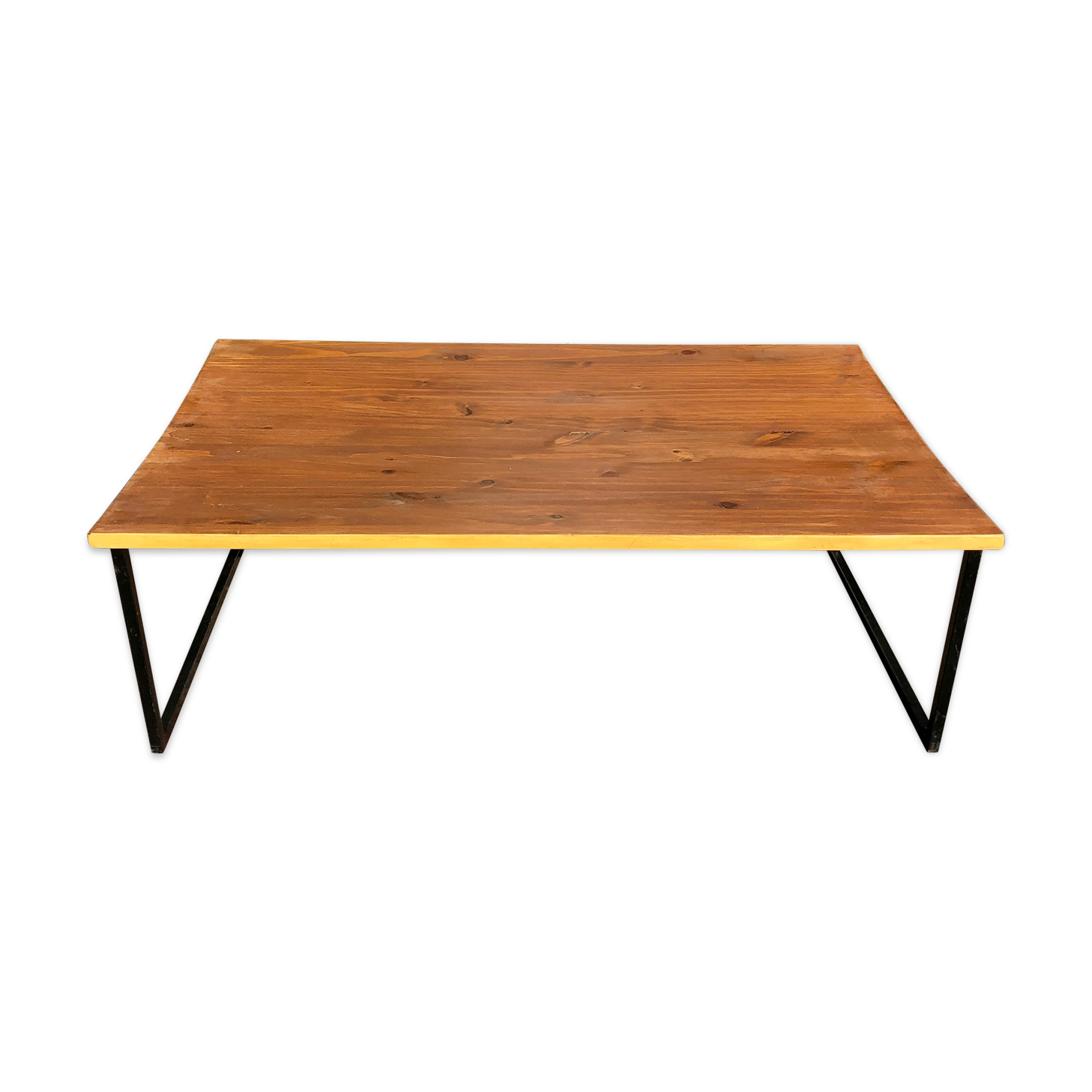 Waxed wood coffee table, black metal and mustard
