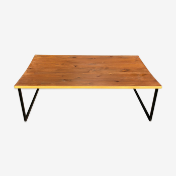 Waxed wood coffee table, black metal and mustard