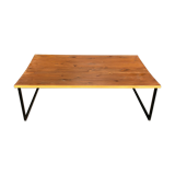 Waxed wood coffee table, black metal and mustard