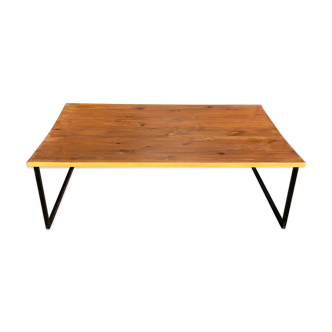 Waxed wood coffee table, black metal and mustard
