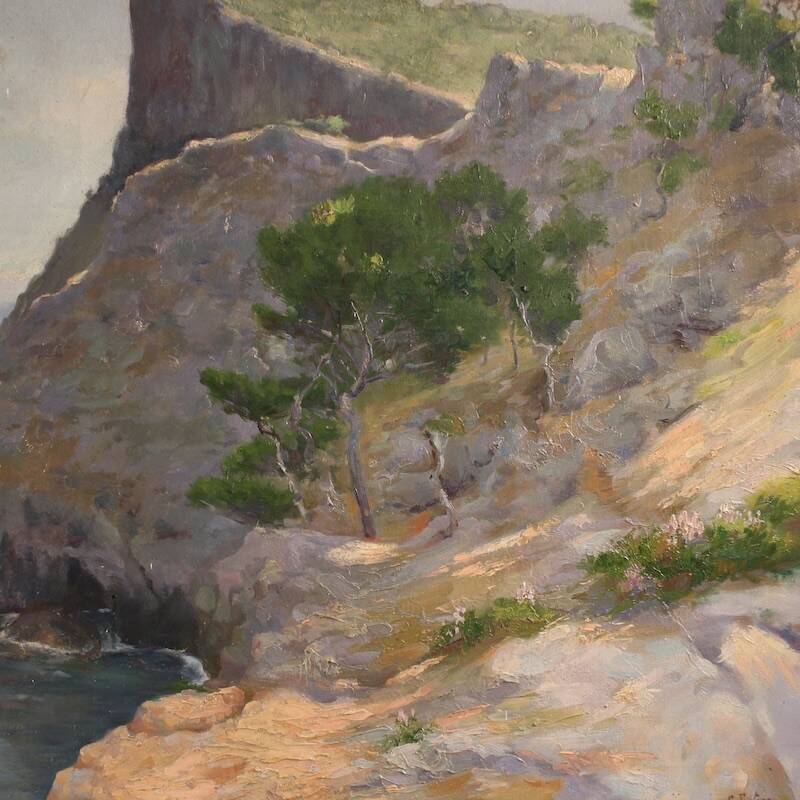 Peinture de paysage signée vue sur la mer, Espagne 20e siècle