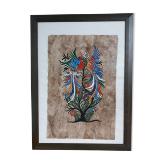 Painting on amate from Mexico, birds and flowers, framed