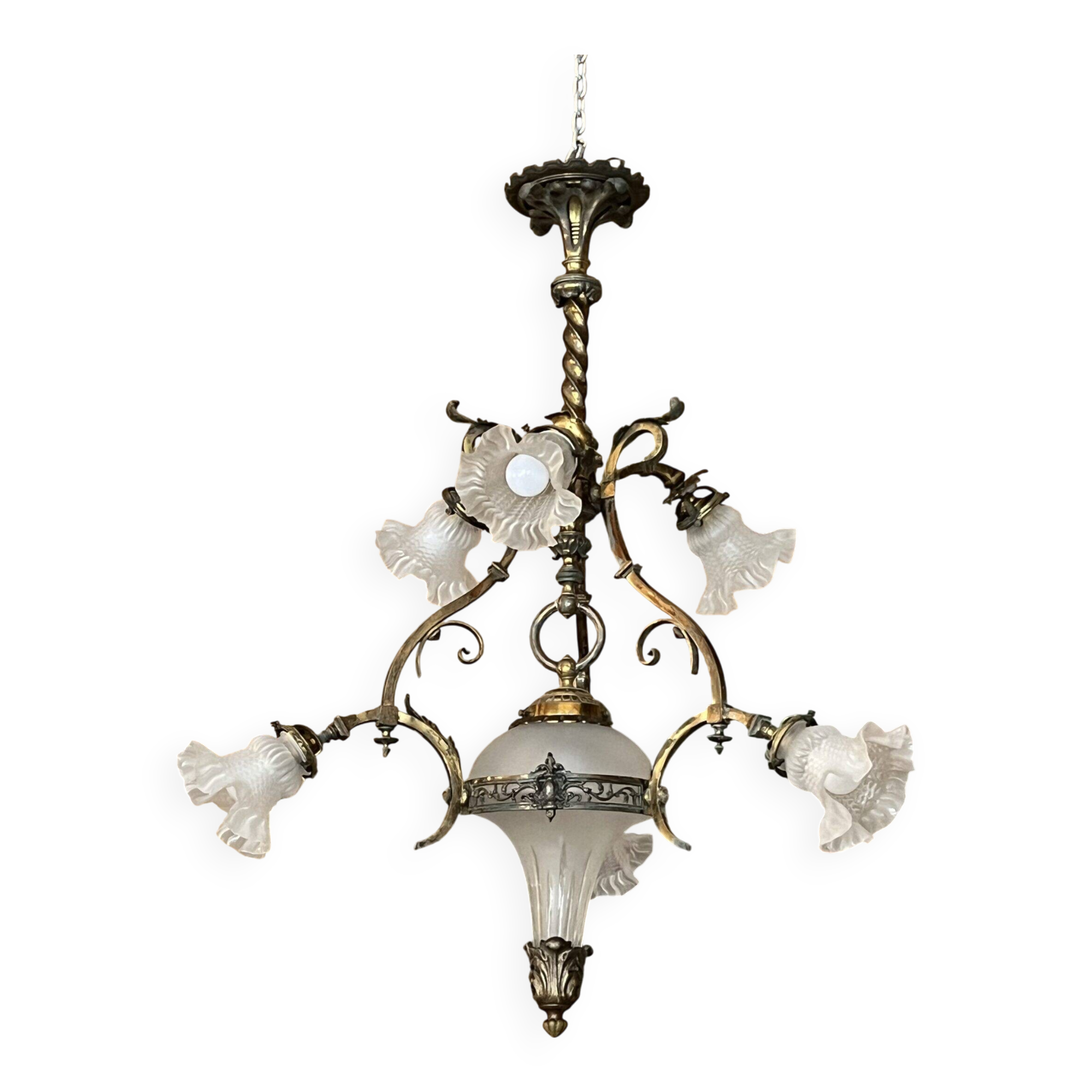 19th century brass and bronze chandelier, Napoleon III, illuminated by 6 tulips and a central globe