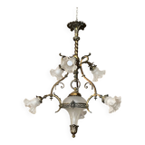 19th century brass and bronze chandelier, Napoleon III, illuminated by 6 tulips and a central globe