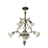 Lustre XIXe en laiton et bronze, Napoléon III, éclairant par 6 tulipes et un globe central