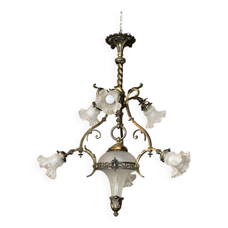 Lustre XIXe en laiton et bronze, Napoléon III, éclairant par 6 tulipes et un globe central