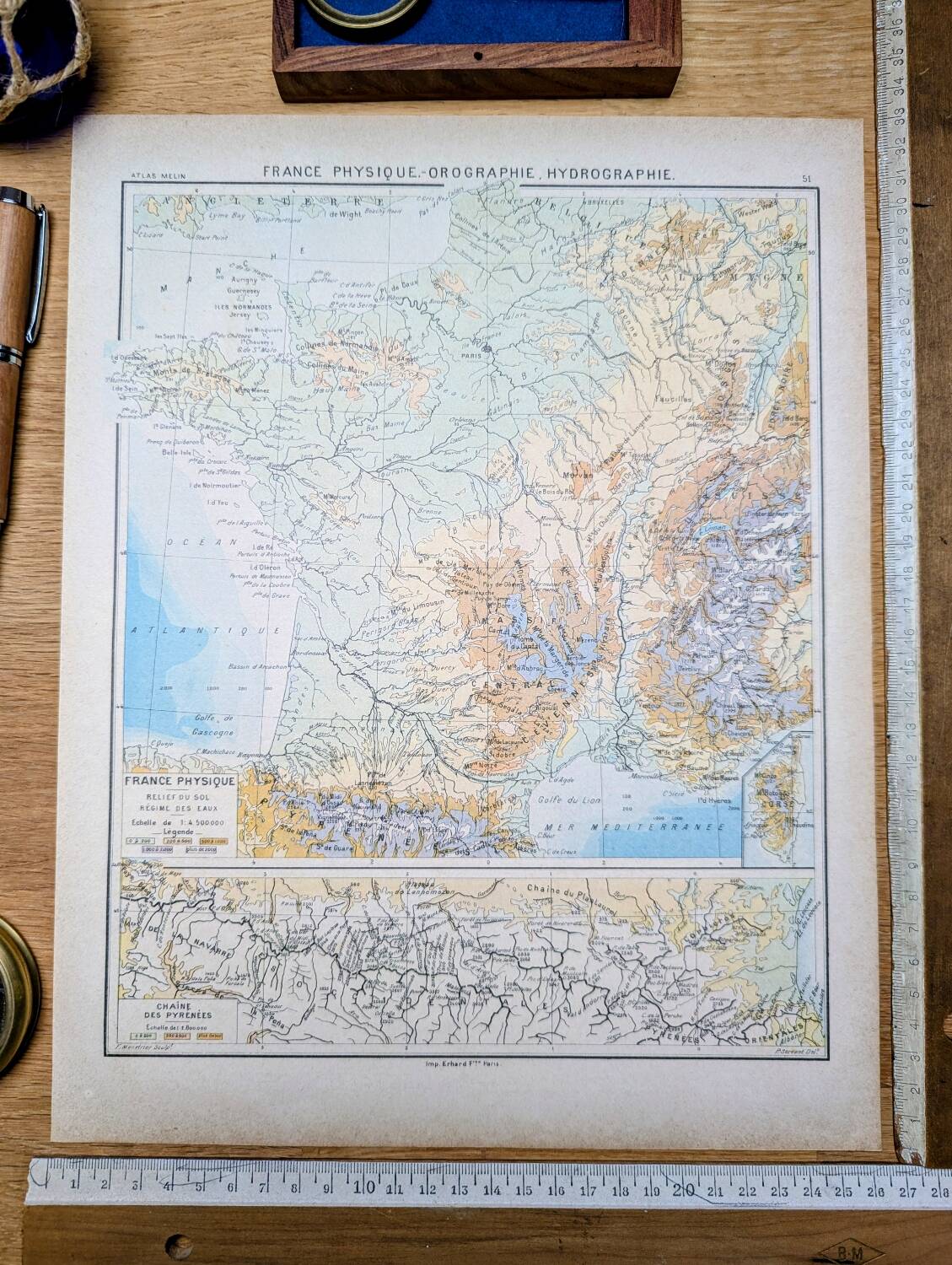 Physical map of France, original printed in 1896
