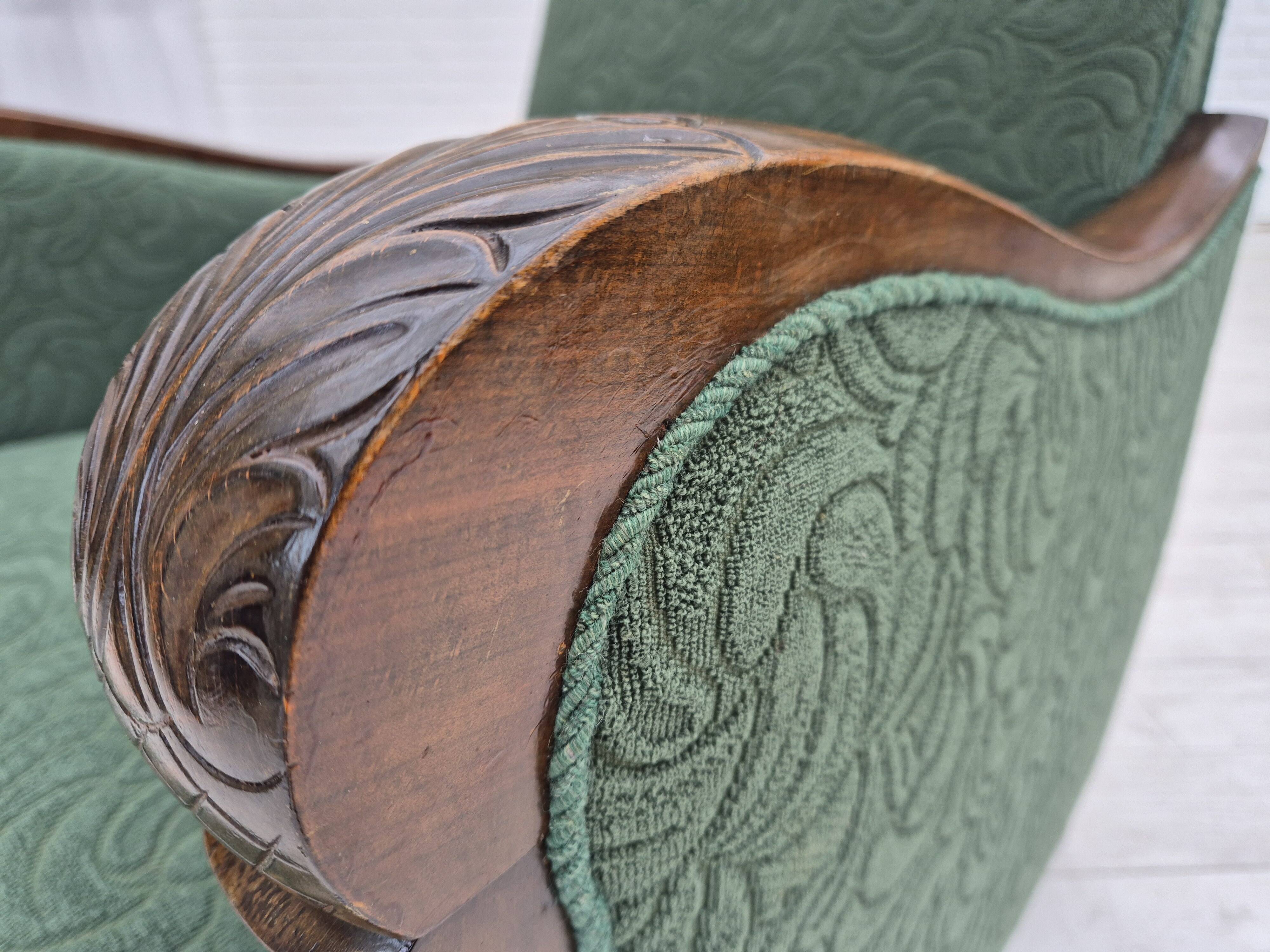 1950s, Danish relax chair, green furniture blend wool fabric, beech wood.