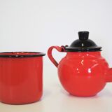 Set pichet & théière en métal émaillé orange et noir 1950s, set de 4