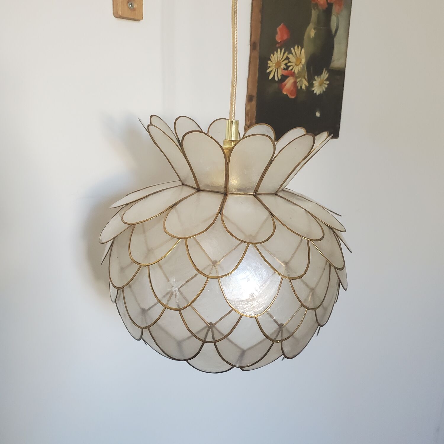 Lotus flower suspension in mother-of-pearl and brass