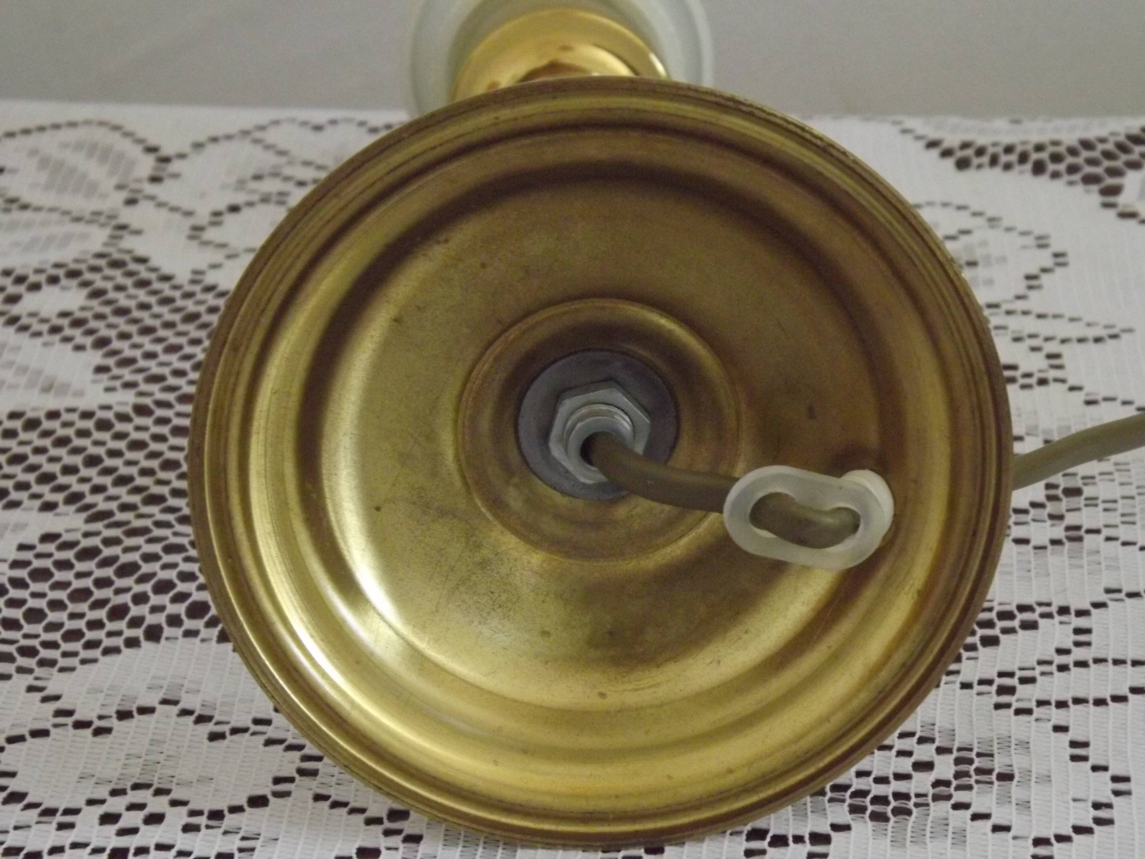 Vintage French Round Brass Table Lamp With Beige and Gold Shade