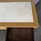 Table basse vintage en bois (chêne massif) et marbre