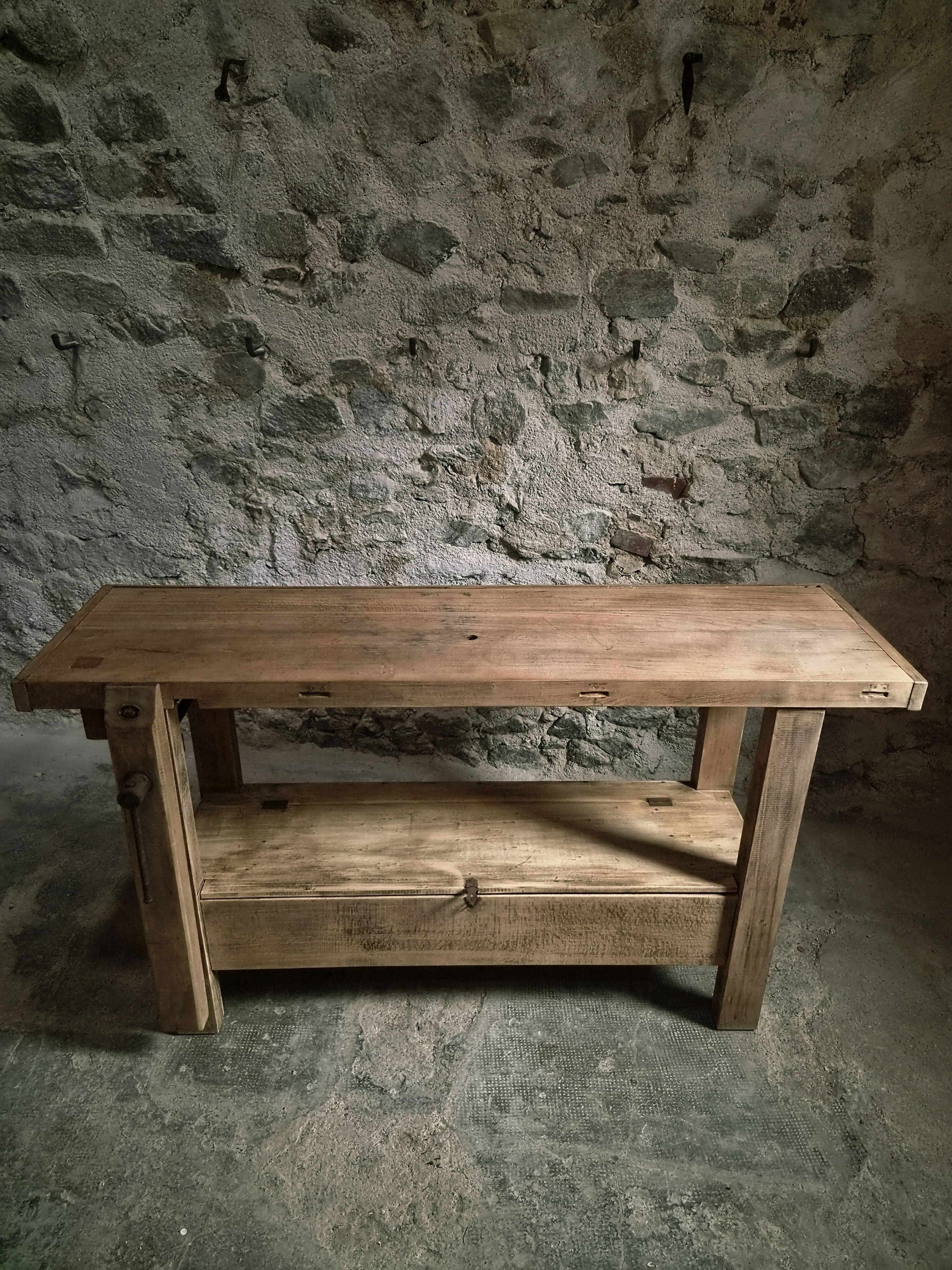 Vintage French beech side table, console, washbasin unit, industrial side table, circa 1950–1970.