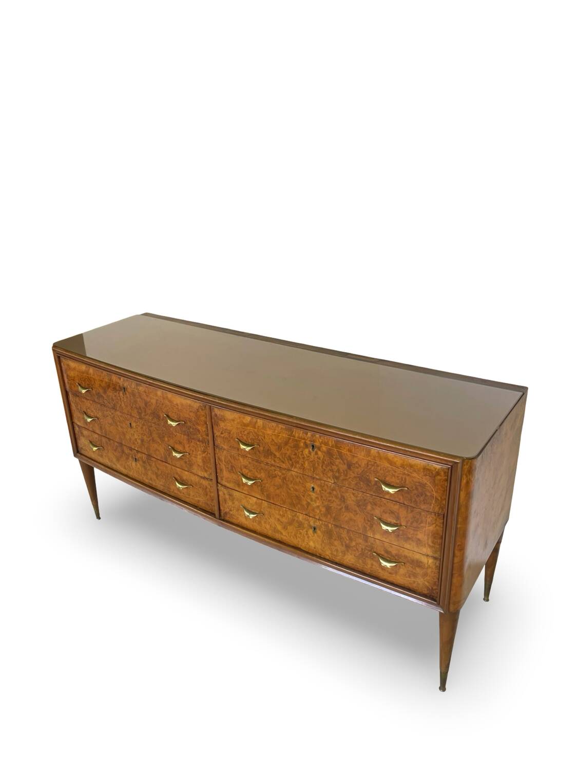Veneered burl walnut chest of drawers with light warm brown glass top