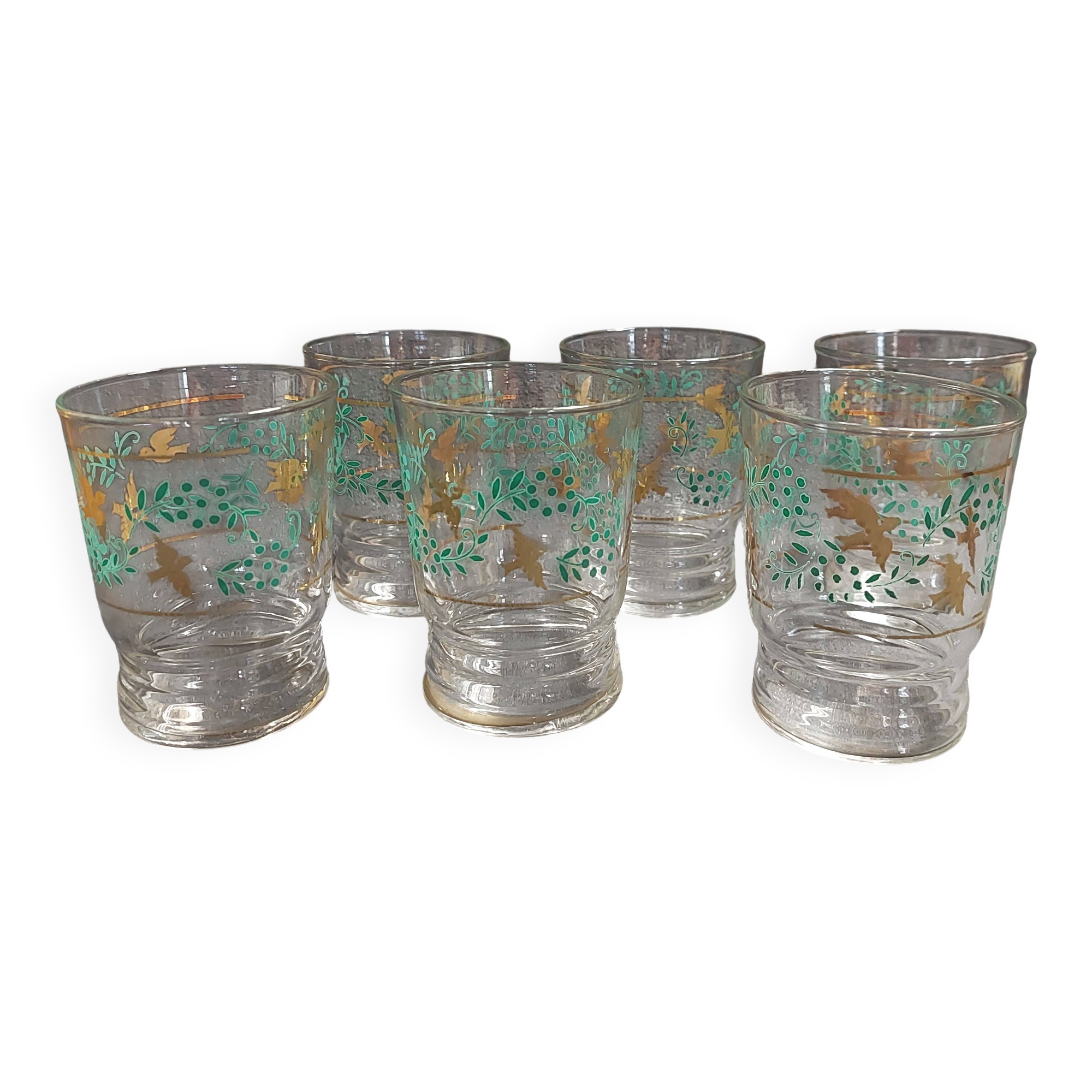 Vintage water glasses set of six with bird design from the 60s-70s.