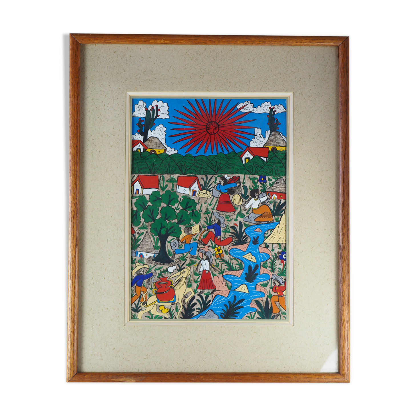 Peasants, river and donkey under a red sun - Mexican folk art - 1970s