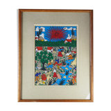 Peasants, river and donkey under a red sun - Mexican folk art - 1970s