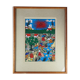 Peasants, river and donkey under a red sun - Mexican folk art - 1970s