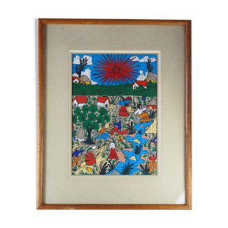 Peasants, river and donkey under a red sun - Mexican folk art - 1970s
