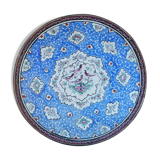 Decorative plate in blue enameled metal with bird motifs