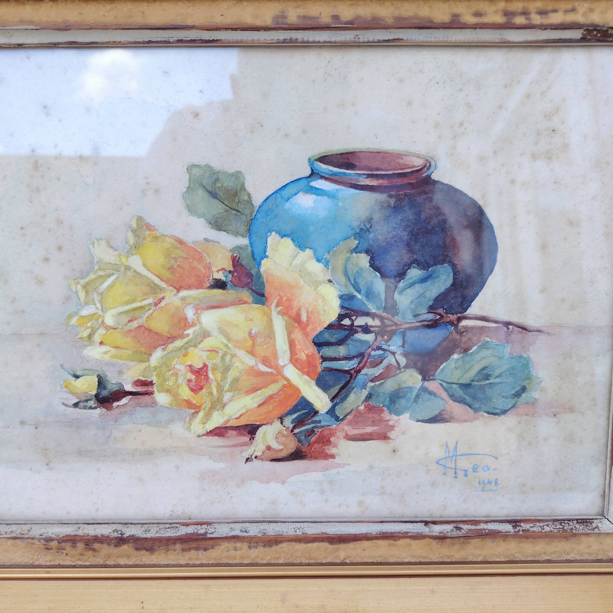 Watercolor bouquet of roses in preparation, Géo, 1948