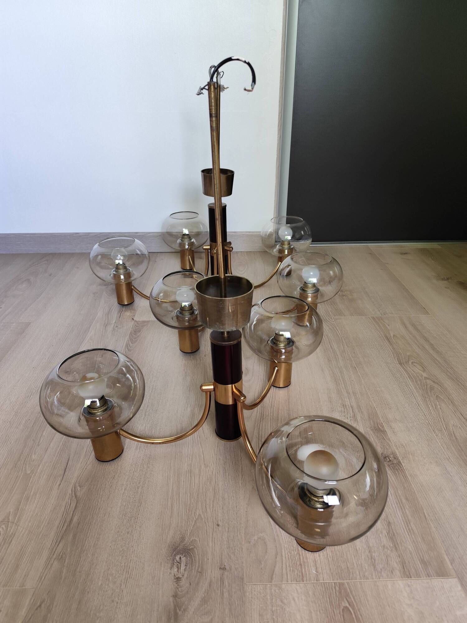 Pair of matching brass and bakelite chandeliers, 3 and 5 branches, 70s milk