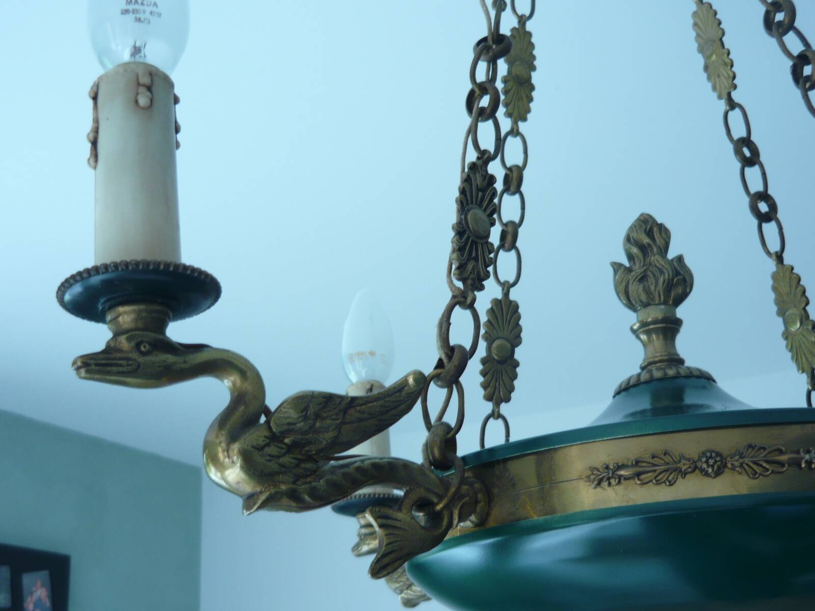 Empire chandelier 4 lights gooseneck golden bronze and painted brass