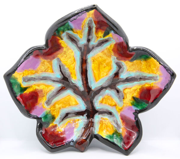 Coupe feuille vintage en barbotine multicolore dans le style Vallauris