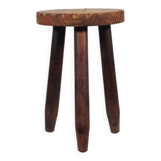 Vintage three legged wooden brutalist milk stool with carved decor