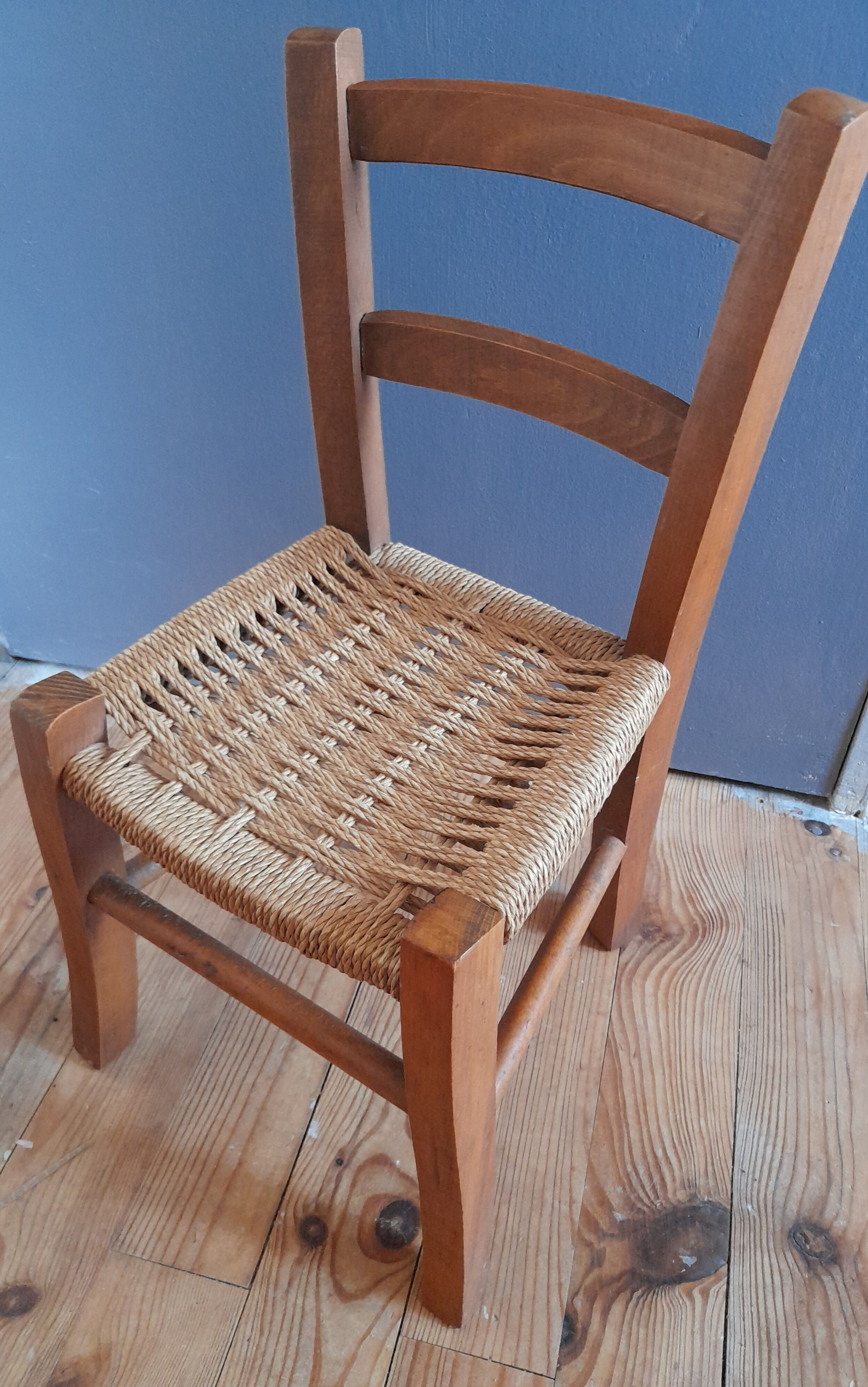 Wooden children's chair, rope seat, circa 1950