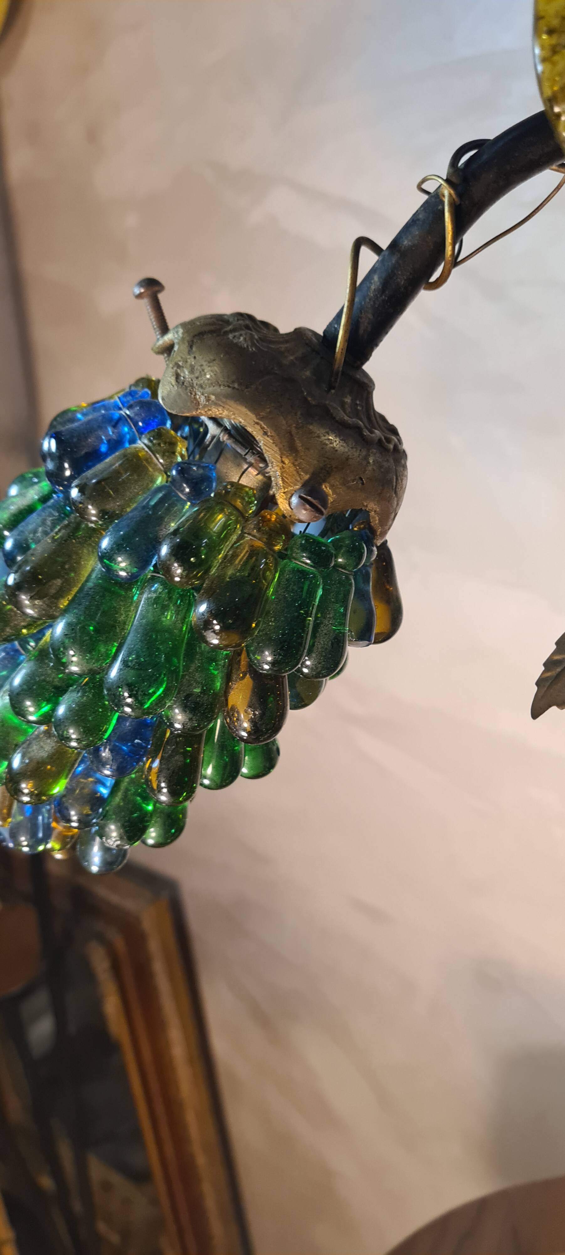 Original murano lamp in gilded bronze and metal with three lights, murano glass tulips 58x42