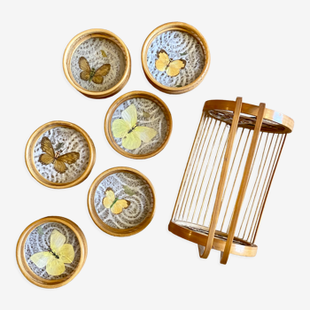 Set of 6 rattan and butterfly coasters
