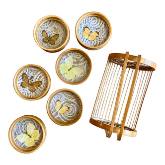 Set of 6 rattan and butterfly coasters