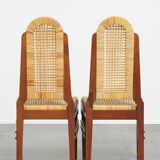 et of 6 wooden Art Deco design dining chairs with a wicker seat and backrest